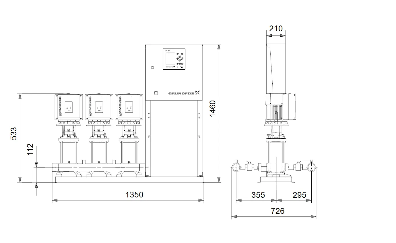 Druckerhöhungsanlage von Grundfos mit drei Pumpen, Anzeigedisplay und verschiedenen Anschlussmaßen, dargestellt in technischer Zeichnung.